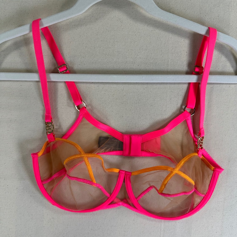 Honey Birdette Sara Neon Pink Orange Sheer Mesh Cage Bra 34DD/E 75E